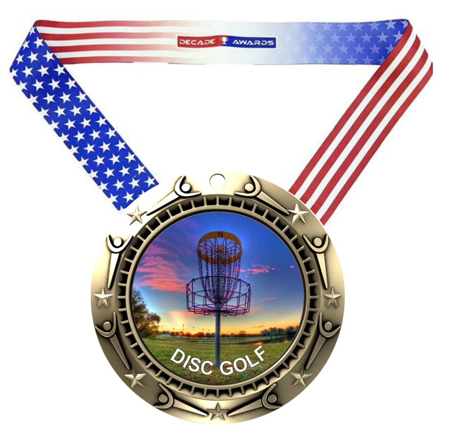 Disc Golf World Class Medal - Gold, Silver or Bronze | Engraved Disc Golf Medal - 3 Inch Wide
- Gold Disc Golf Medal, Stars & Stripes ribbon