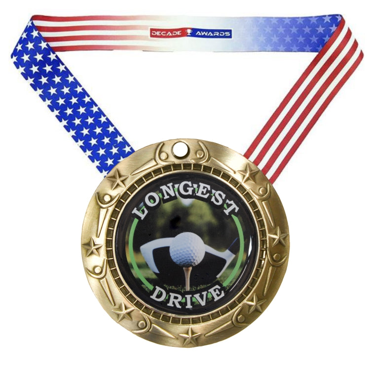 Longest Drive World Class Medal- Gold, Silver or Bronze | Engraved Golf Medal - 3 Inch Wide Decade Awards
- Gold Longest Drive Medal