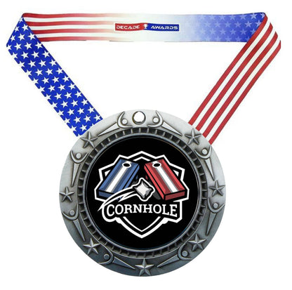 Cornhole World Class Medal - Gold, Silver or Bronze | Engraved Cornhole Medal - 3 Inch Wide
- Silver Cornhole Medal, Stars & Stripes Ribbon