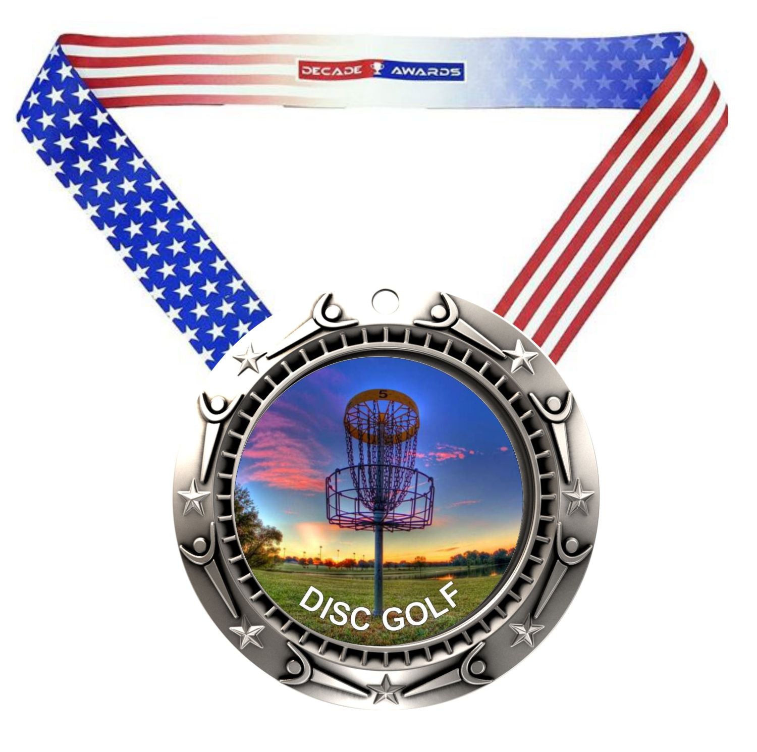 Disc Golf World Class Medal - Gold, Silver or Bronze | Engraved Disc Golf Medal - 3 Inch Wide
- Silver Disc Golf Medal, black ribbon