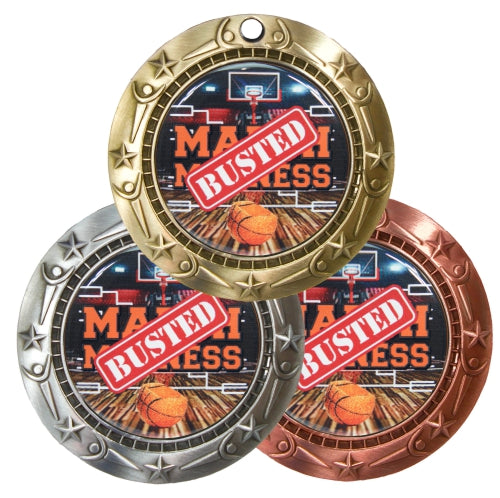 Engraved Busted Bracket Basketball Medal with Ribbon in Gold Silver or Bronze – Free Custom Engraving March Sadness Award 3 Inch – Decade Awards