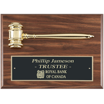 Gold Finish Gavel | Walnut Finish Plaque | Distinguished Service Award | Personalized Gavel Plaque | 9x12