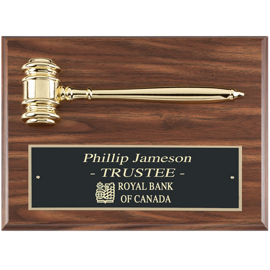 Gold Finish Gavel | Walnut Finish Plaque | Distinguished Service Award | Personalized Gavel Plaque | 9x12