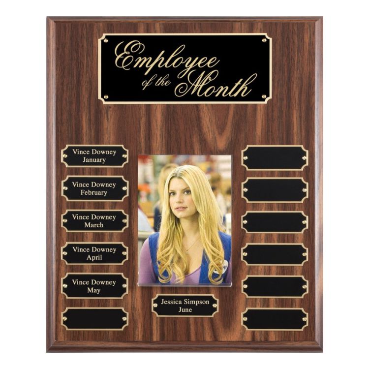 Perpetual Picture Plaque – 10.5" x 13" | Engraved Walnut Finish Photo Wall Plaque with 13 Plates Decade Awards