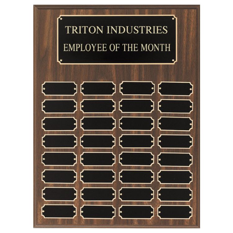 Perpetual Plaque - 12" x 16" | Engraved Walnut Finish Plaque with 32 Black Brass Engraving Plates Decade Awards