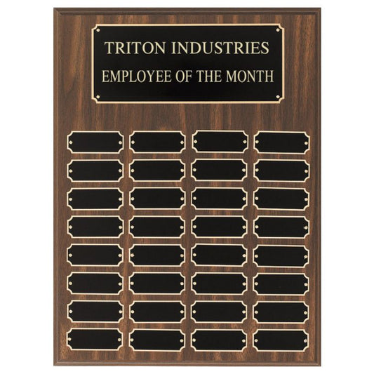 Perpetual Plaque - 12" x 16" | Engraved Walnut Finish Plaque with 32 Black Brass Engraving Plates Decade Awards