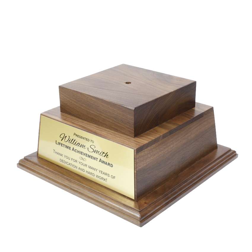 Walnut Perpetual Base | Engraved 2 Tier Base - 10.5 Inch Wide x 5.25 Inch Tall Decade Awards