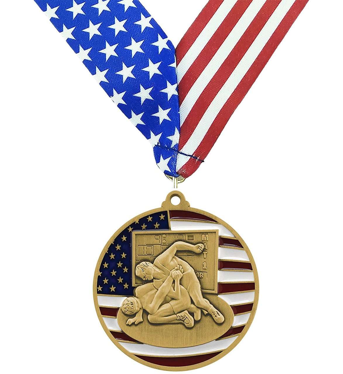 Wrestling Patriotic Medal - Gold, Silver or Bronze | Engraved Wrestling Medal - 2.75 Inch Wide Decade Awards
