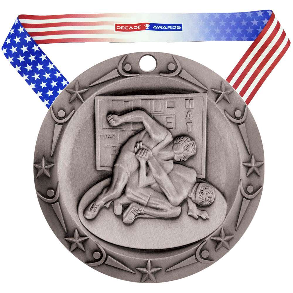 Wrestling World Class Medal - Gold, Silver or Bronze | Engraved Wrestler Medallion - 3 Inch Wide Decade Awards
