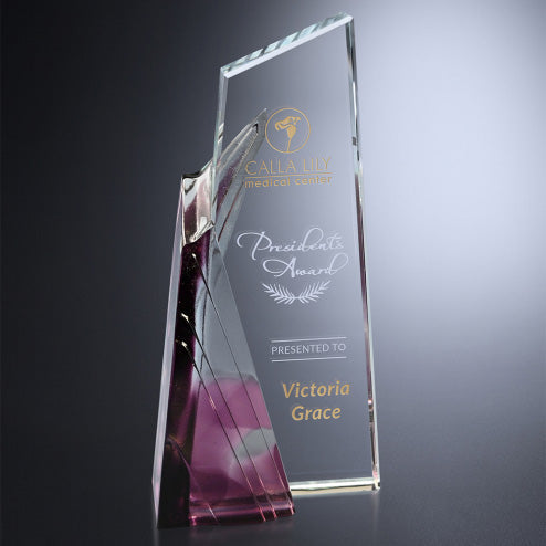 Achievement Crystal Corporate Award -  Purple | Engraved Crystal Award - 8.5 Inch Tall