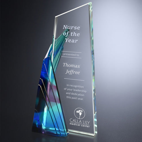 Achievement Crystal Corporate Award - Blue | Engraved Crystal Award - 8.5 Inch Tall