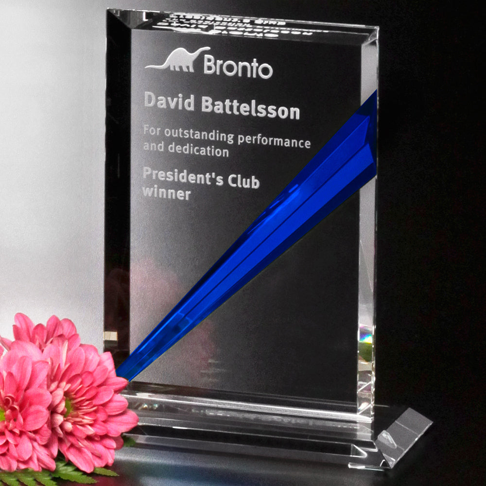 Danbury Indigo Blue Rectangle Corporate Award | Engraved Crystal Plaque Award - 6.5", 7.5" or 8.5" Decade Awards