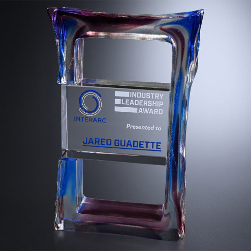 Delta Crystal Corporate Award - Blue Swirl or Teal Green | Engraved Crystal Award - 7.25 Inch Tall Decade Awards