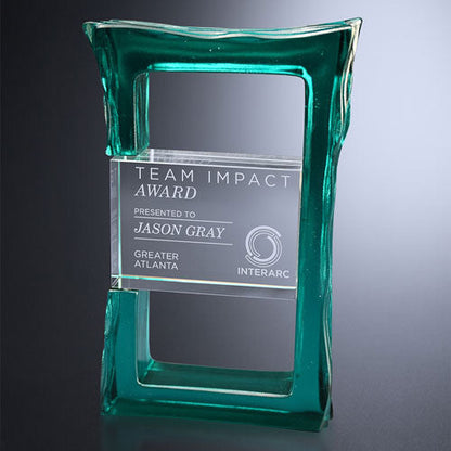 Delta Crystal Corporate Award - Blue Swirl or Teal Green | Engraved Crystal Award - 7.25 Inch Tall Decade Awards